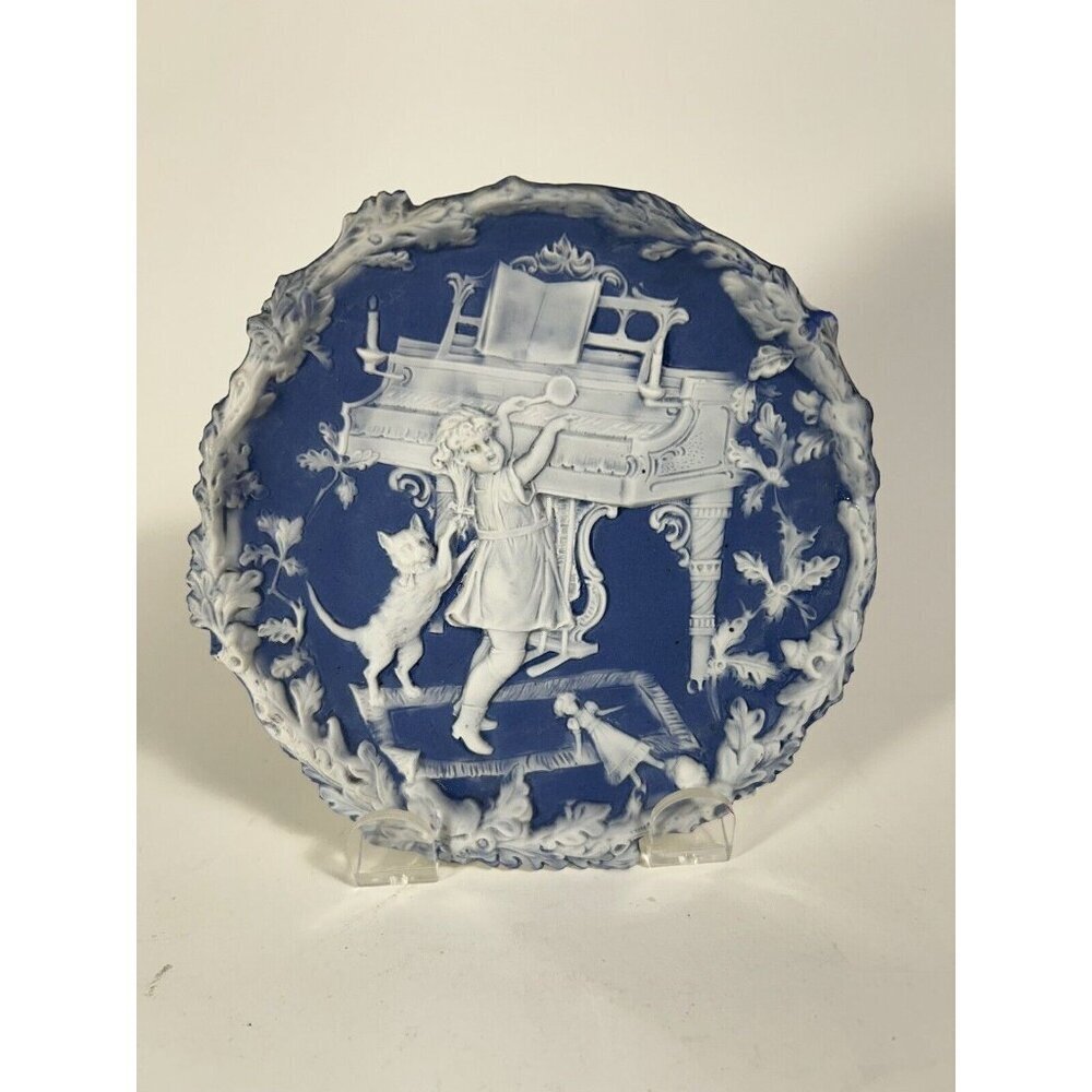 Blue Jasperware Girl With Cat And Piano